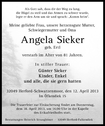 Traueranzeige von Angela Sieker von Neue Westfälische