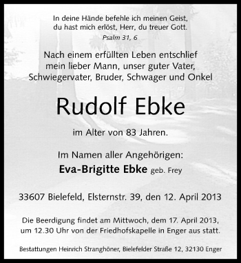 Traueranzeige von Rudolf Ebke von Neue Westfälische