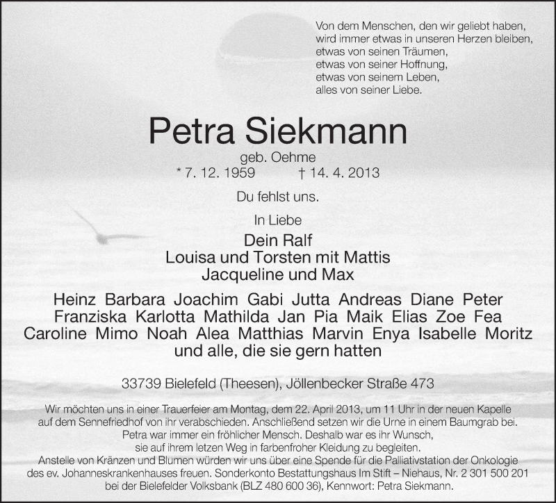  Traueranzeige für Petra Siekmann vom 17.04.2013 aus Neue Westfälische