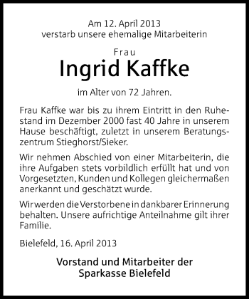 Traueranzeige von Ingrid Kaffke von Neue Westfälische