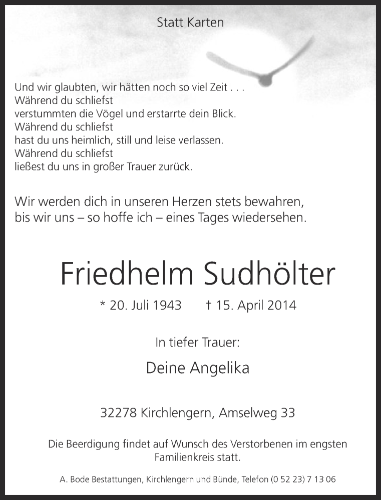  Traueranzeige für Friedhelm Sudhölter vom 18.04.2014 aus Neue Westfälische