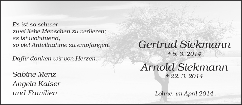  Traueranzeige für Gertrud Siekmann vom 26.04.2014 aus Neue Westfälische