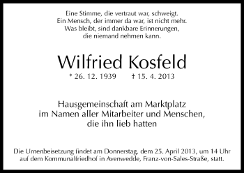 Traueranzeige von Wilfried Kosfeld von Neue Westfälische