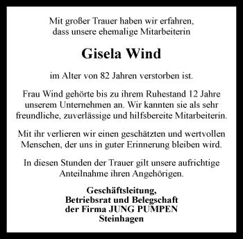 Traueranzeige von Gisela Wind von Neue Westfälische