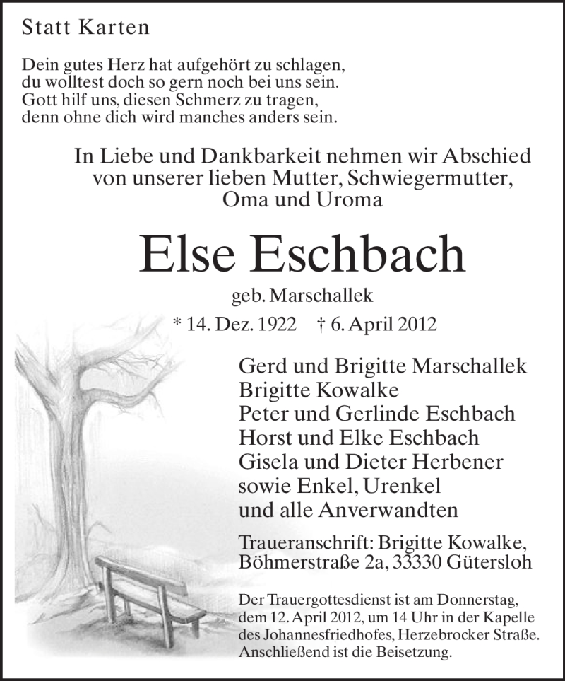  Traueranzeige für Else Eschbach vom 10.04.2012 aus Neue Westfälische