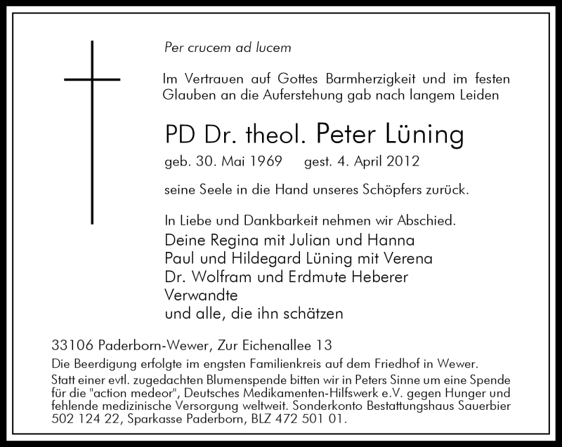  Traueranzeige für Peter Lüning vom 11.04.2012 aus Neue Westfälische