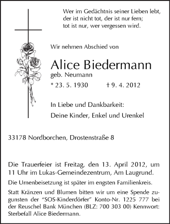 Traueranzeige von Alice Biedermann von Neue Westfälische