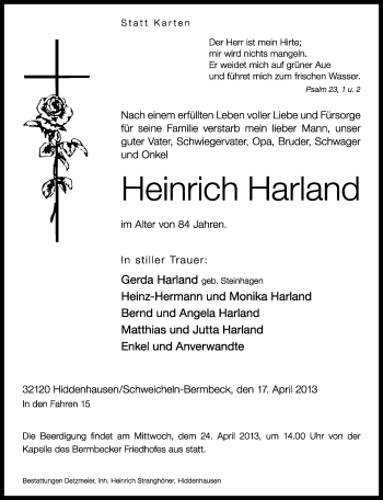 Traueranzeige von Heinrich Harland von Neue Westfälische