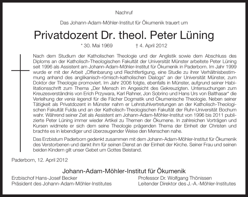  Traueranzeige für Peter Lüning vom 12.04.2012 aus Neue Westfälische
