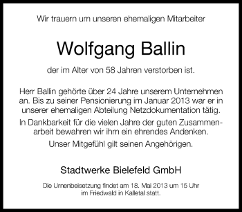 Traueranzeige von Wolfgang Ballin von Neue Westfälische