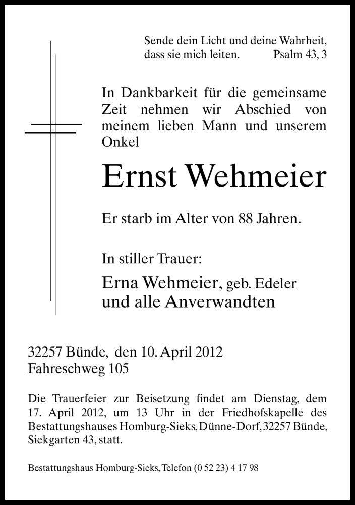  Traueranzeige für Ernst Wehmeier vom 12.04.2012 aus Neue Westfälische