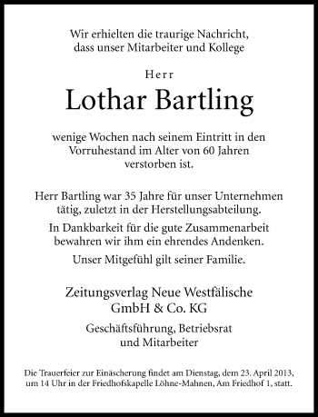 Traueranzeige von Lothar Bartling von Neue Westfälische