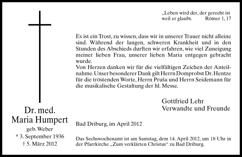  Traueranzeige für Maria Humpert vom 13.04.2012 aus Neue Westfälische