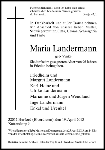 Traueranzeige von Maria Landermann von Neue Westfälische