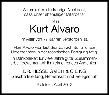 Traueranzeige von Kurt Alvaro von Neue Westfälische