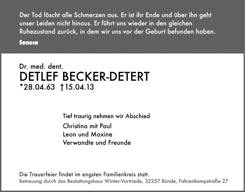  Traueranzeige für Detlef Becker-Detert vom 23.04.2013 aus Neue Westfälische