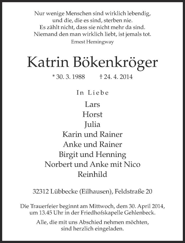  Traueranzeige für Katrin Bökenkröger vom 28.04.2014 aus Neue Westfälische