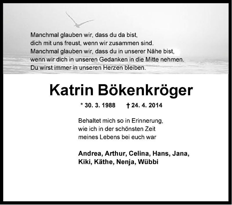  Traueranzeige für Katrin Bökenkröger vom 28.04.2014 aus Neue Westfälische