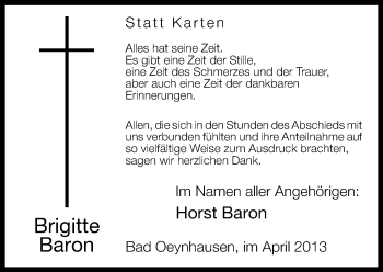 Traueranzeige von Brigitte Baron von Neue Westfälische