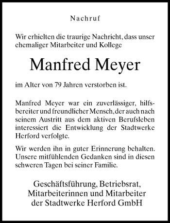 Traueranzeige von Manfred Meyer von Neue Westfälische