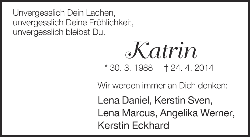  Traueranzeige für Katrin Bökenkröger vom 30.04.2014 aus Neue Westfälische