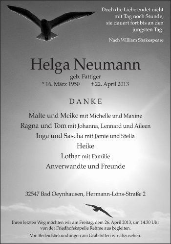 Traueranzeige von Helga Neumann von Neue Westfälische