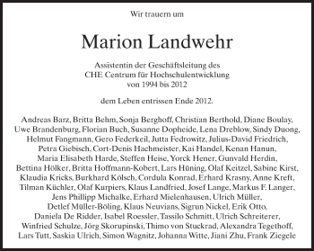 Traueranzeige von Marion Landwehr von Neue Westfälische