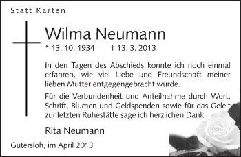 Traueranzeige von Wilma Neumann von Neue Westfälische