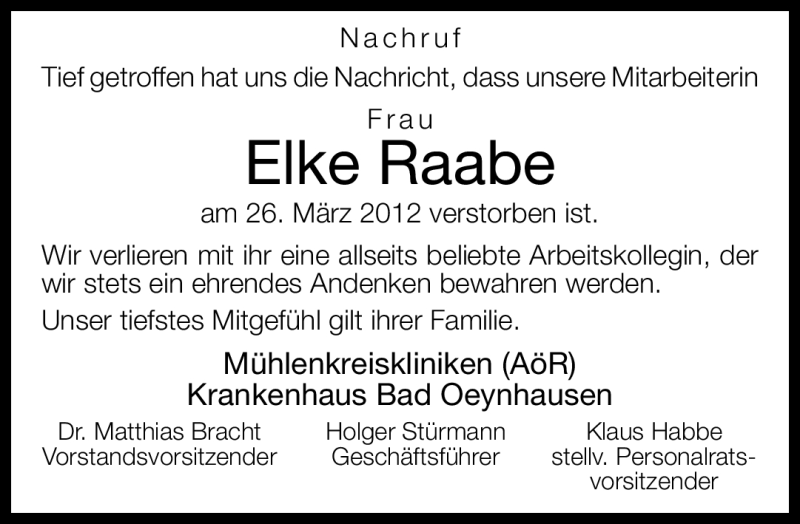  Traueranzeige für Elke Raabe vom 17.04.2012 aus Neue Westfälische