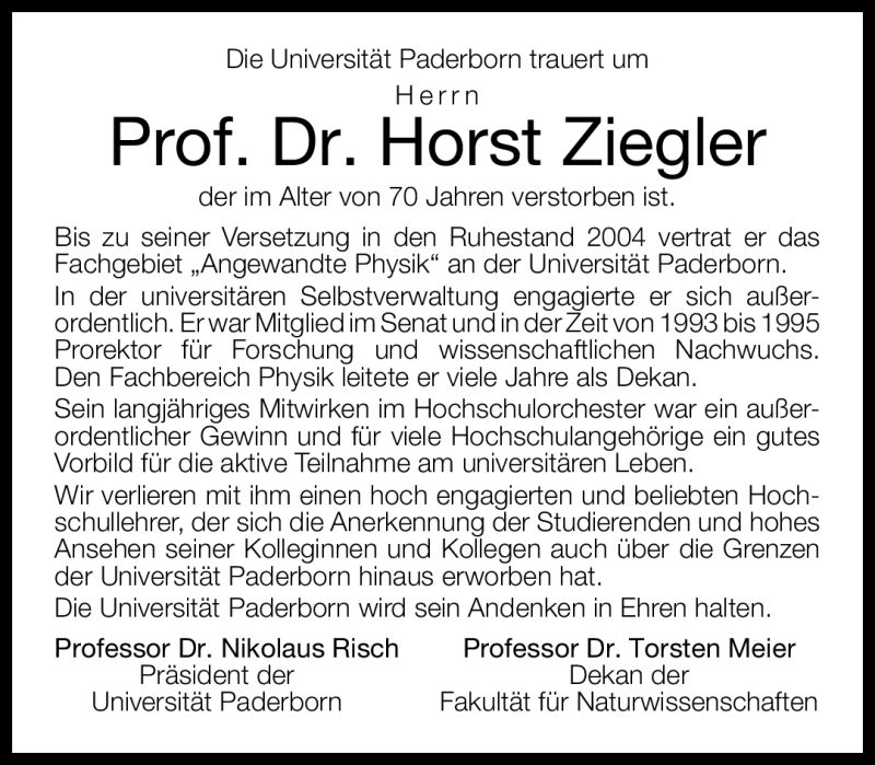  Traueranzeige für Horst Ziegler vom 17.04.2012 aus Neue Westfälische