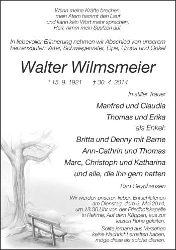 Traueranzeige von Walter Wilmsmeier von Neue Westfälische