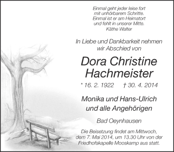 Traueranzeige von Dora Christine Hachmeister von Neue Westfälische