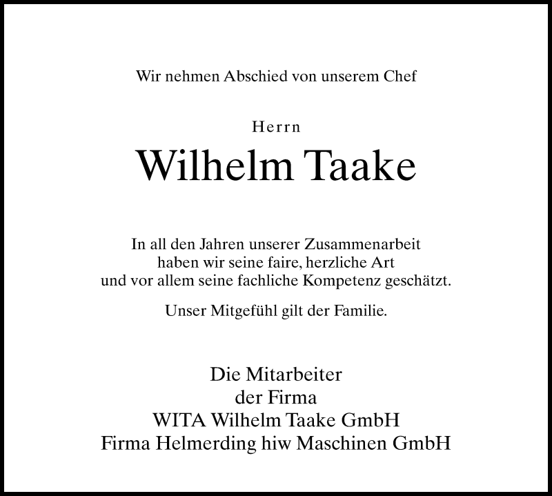  Traueranzeige für Wilhelm Taake vom 03.05.2014 aus Neue Westfälische