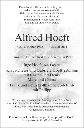 Traueranzeige von Alfred Hoeft von Neue Westfälische