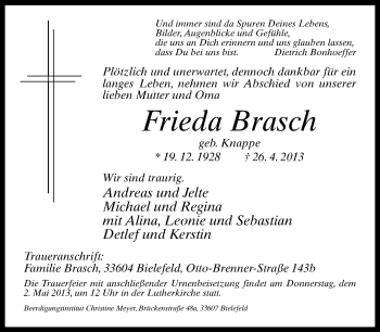 Traueranzeige von Frieda Brasch von Neue Westfälische