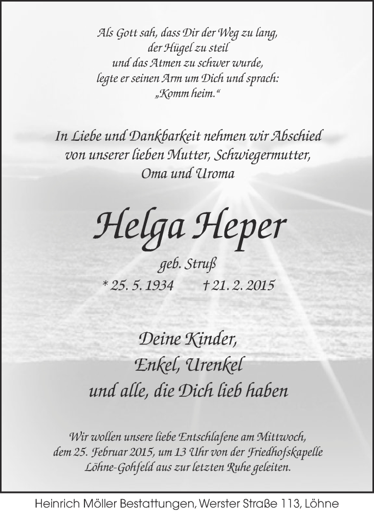  Traueranzeige für Helga Heper vom 23.02.2015 aus Neue Westfälische