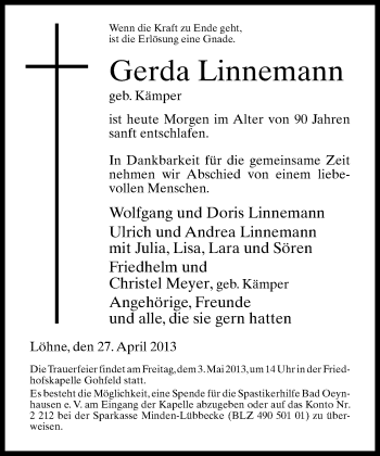 Traueranzeige von Gerda Linnemann von Neue Westfälische