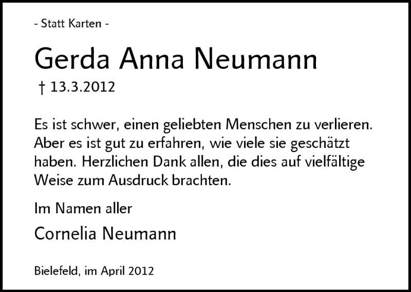 Traueranzeige für Gerda Anna Neumann vom 21.04.2012 aus Neue Westfälische