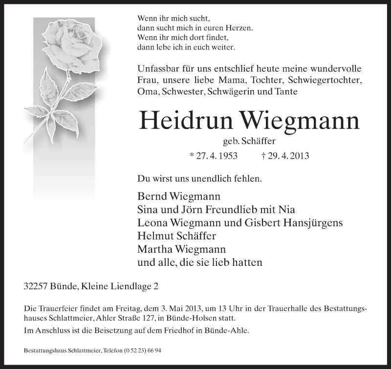  Traueranzeige für Heidrun Wiegmann vom 01.05.2013 aus Neue Westfälische