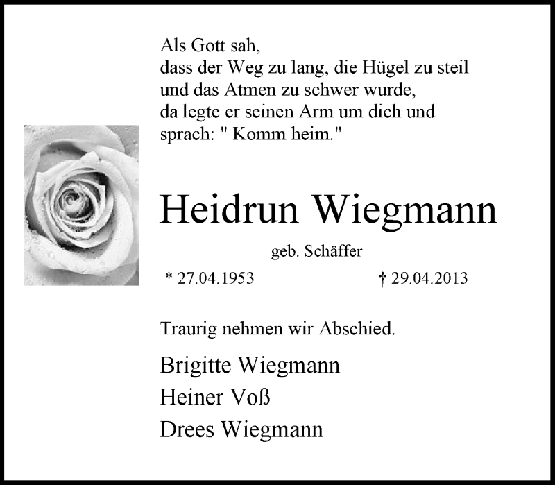  Traueranzeige für Heidrun Wiegmann vom 01.05.2013 aus Neue Westfälische