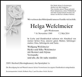 Traueranzeige von Helga Wefelmeier von Neue Westfälische