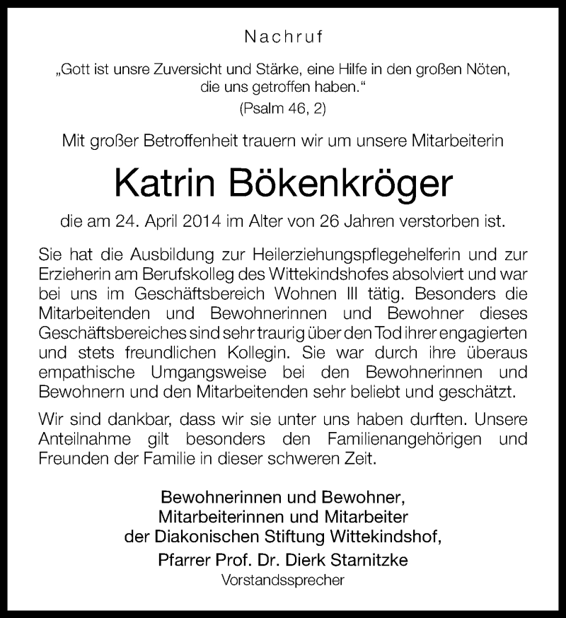  Traueranzeige für Katrin Bökenkröger vom 09.05.2014 aus Neue Westfälische