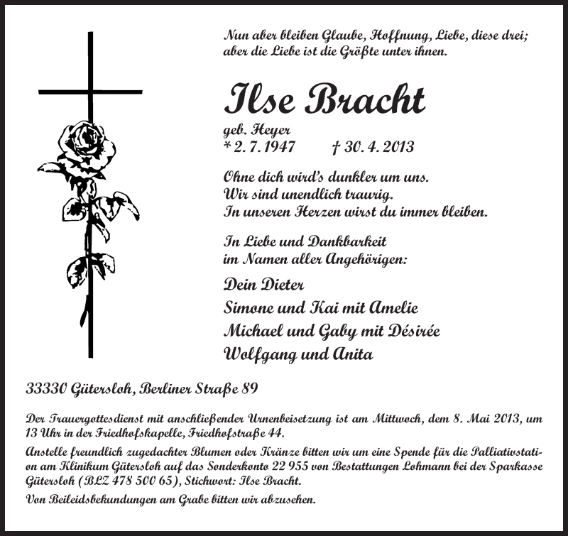  Traueranzeige für Ilse Bracht vom 03.05.2013 aus Neue Westfälische