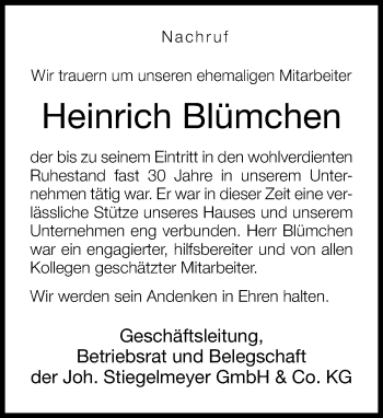 Traueranzeige von Heinrich Blümchen von Neue Westfälische