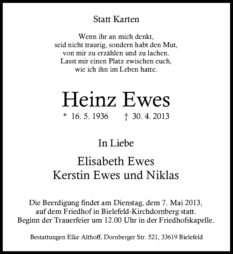  Traueranzeige für Heinz Ewes vom 04.05.2013 aus Neue Westfälische