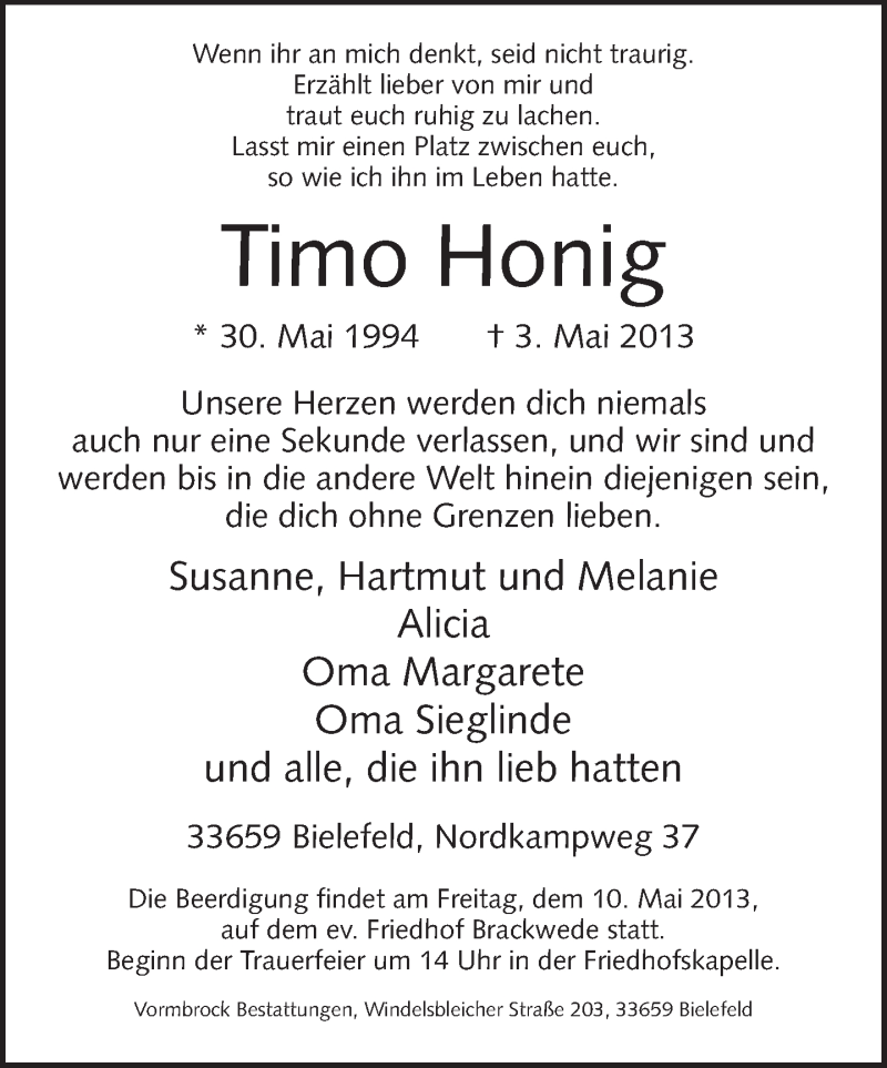  Traueranzeige für Timo Honig vom 06.05.2013 aus Neue Westfälische