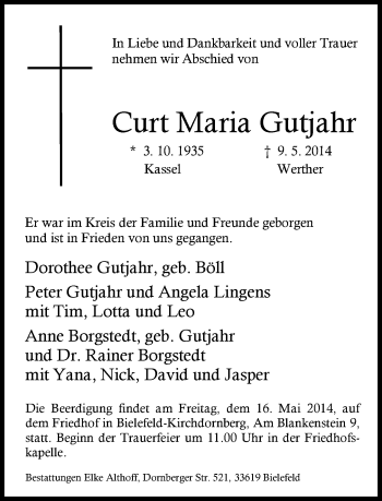 Traueranzeige von Curt Maria Gutjahr von Neue Westfälische