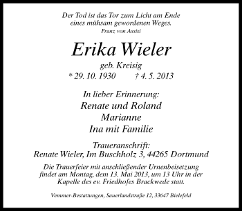 Traueranzeige von Erika Wieler von Neue Westfälische