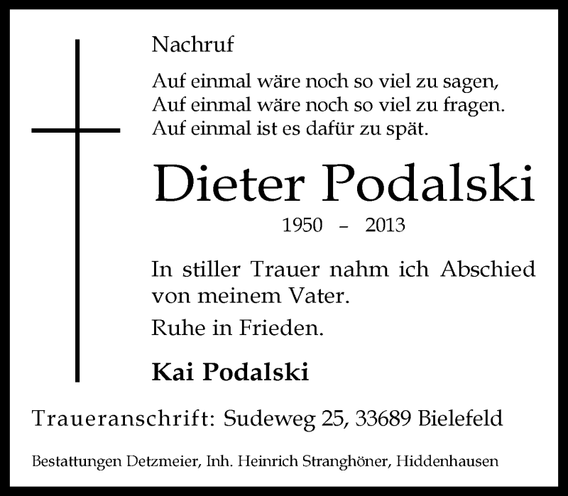  Traueranzeige für Dieter Podalski vom 09.05.2013 aus Neue Westfälische