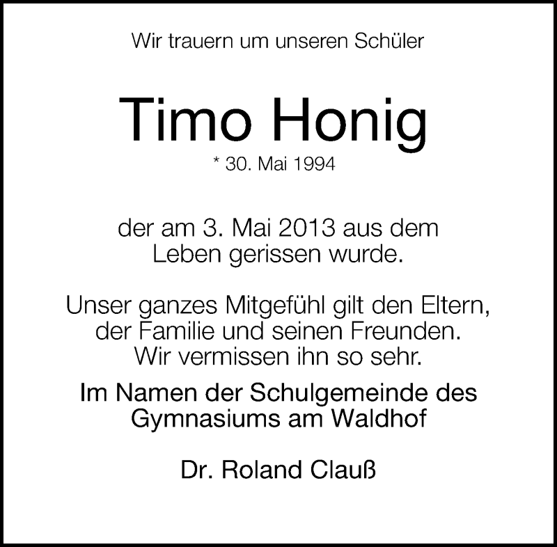  Traueranzeige für Timo Honig vom 09.05.2013 aus Neue Westfälische